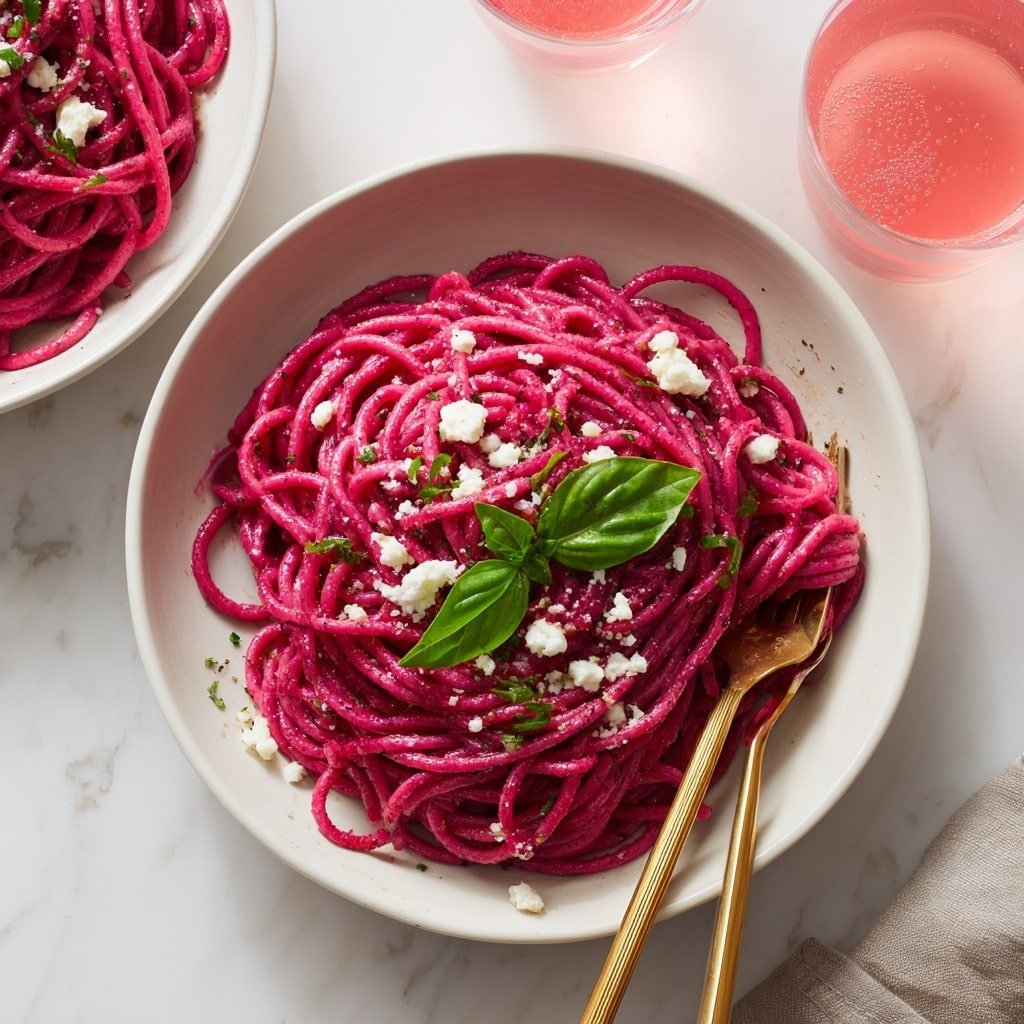The image shows a white bowl filled with thick, bright red pasta noodles arranged in a loose spiral pile. On top of the noodles, there are small white cheese crumbles scattered evenly and a small fresh green basil leaf placed in the center as a garnish. A golden spoon rests inside the bowl on the right side. The bowl sits on a white plate, and the background is a pink surface with a blurred green basil leaf in the middle background and two glasses filled with pink liquid near the top right and center. Photo taken with an iphone --ar 1:1 --v 7 - Pink Pasta with Creamy Tomato Sauce, pink pasta recipe, creamy tomato pasta, easy pasta dinner, quick pasta with tomato and cream