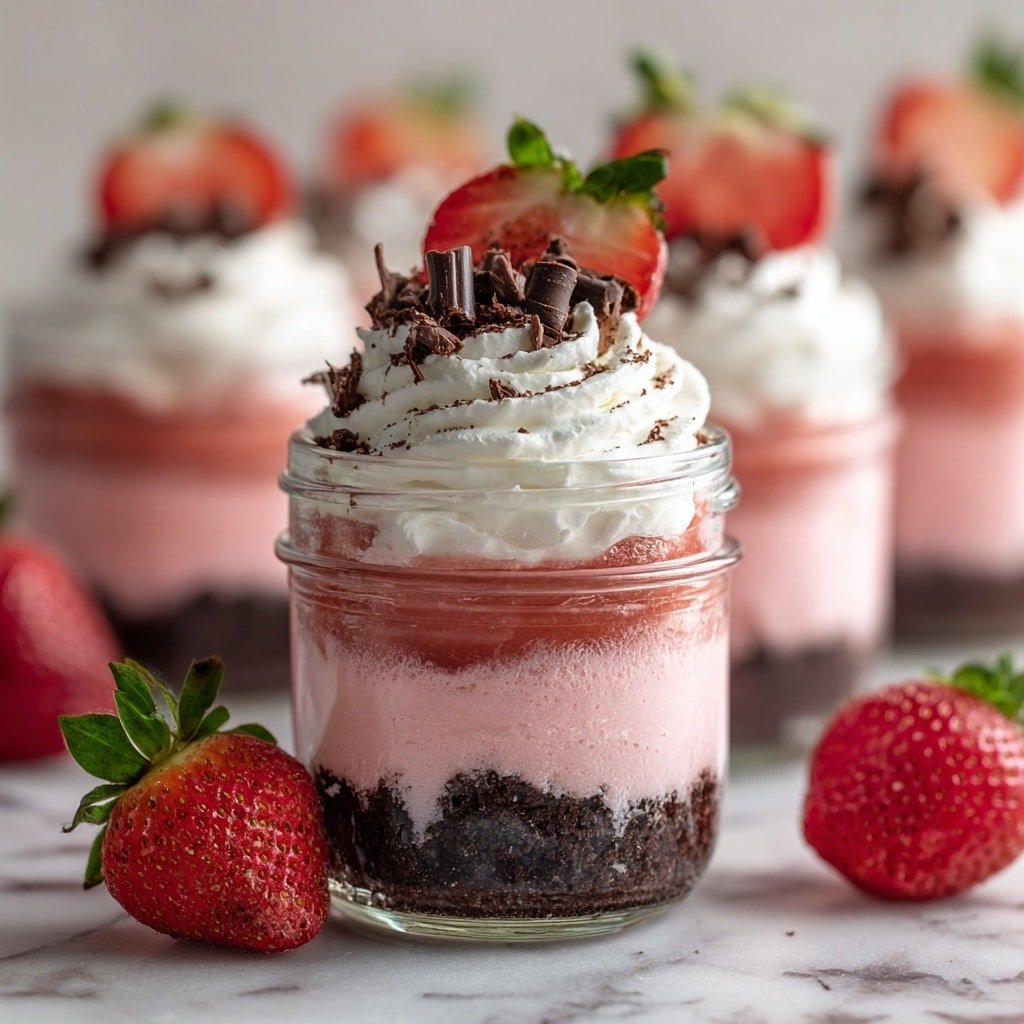The dessert is shown in a small clear glass jar with five visible layers: the bottom layer is dark brown chocolate cake, followed by a smooth pink strawberry mousse, a bright red strawberry sauce, a thick white whipped cream swirl on top, and garnished with a whole strawberry and small chocolate curls. Two more jars with the same dessert are blurred in the background. Fresh strawberries are placed around the jars on a white marbled surface. The lighting is soft, highlighting the colors and textures. Photo taken with an iphone --ar 1:1 --v 7 - Chocolate Strawberry Mousse Cake Parfait, chocolate strawberry dessert, easy mousse parfait, layered fruit dessert, elegant parfait recipe