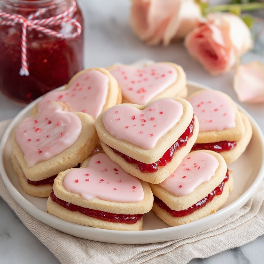 A heart-shaped cookie sandwich with two light golden-brown biscuit layers forms the base and top, with visible crumbly texture on the edges. Between these layers is a shiny, bright red jelly filling that is slightly oozing out in small spots. The top biscuit is covered with smooth, soft pink icing dotted with small red sugar sprinkles. The cookie sits on white parchment paper over a white marbled surface. In the soft-focus background, there is a glass jar filled with red jelly tied with a red and white striped string, and a pale pink rose is also slightly visible. Photo taken with an iphone --ar 1:1 --v 7 - Heart-Shaped Strawberry Shortbread Cookies, Strawberry Shortbread Cookie Recipe, Valentine’s Day Cookie Ideas, Easy Heart Cookies, Homemade Shortbread Cookies
