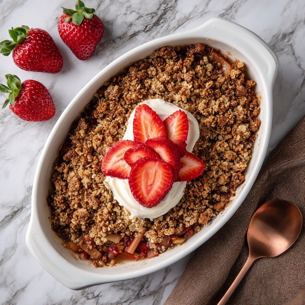 The image shows a white oval baking dish filled with a fruit crumble dessert. The bottom layer is a mixture of cooked red and green rhubarb pieces, slightly visible around the edges with a juicy texture. On top is a thick, crumbly oat and brown sugar topping that covers the fruit layer fully. In the center, there is a small pile of bright red sliced strawberries arranged in a circular shape. A dollop of white cream rests on the strawberries, adding a soft contrast to the rough texture of the crumble. The dish sits on a white marbled surface with two whole strawberries to the left and a copper spoon and brown cloth on the right. Photo taken with an iphone --ar 1:1 --v 7 - Strawberry Rhubarb Crisp, how to make strawberry rhubarb crisp, easy fruit crisp recipes, spring dessert ideas, seasonal berry and rhubarb dessert
