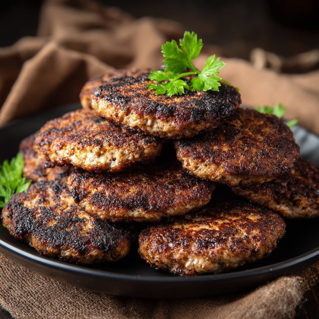 A round black plate filled with about nine browned patties stacked closely together. Each patty is thick and grilled with a rough, textured surface showing darker seared spots mixed with juicy, lighter brown areas. The edges of the patties are slightly uneven and crisped. A small green parsley sprig garnishes the top left side of the pile. The plate is set against a soft brown cloth and a blurred rustic background. Photo taken with an iphone --ar 1:1 --v 7 - Maple Breakfast Sausage Patties, homemade breakfast sausage, sweet and savory sausage patties, easy breakfast sausage recipe, flavorful pork sausage patties