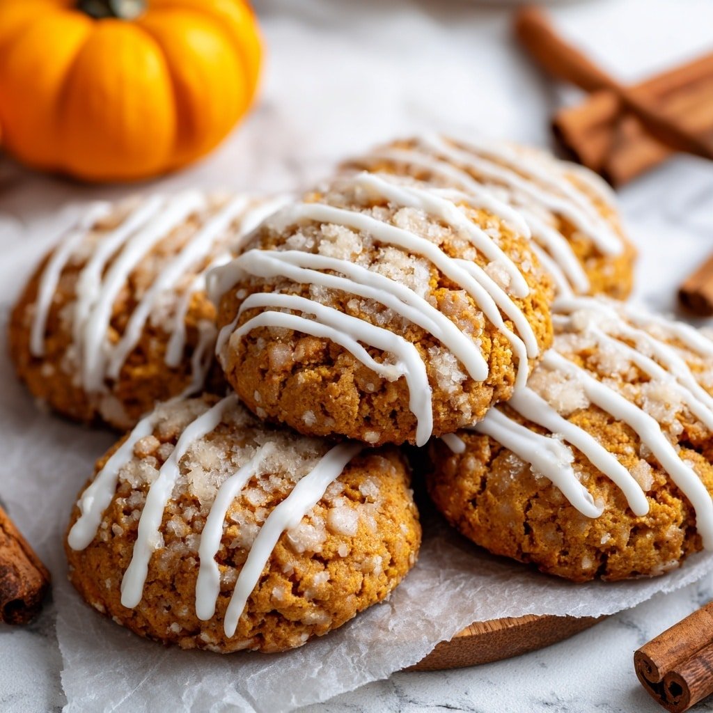 The image shows five round cookies with a golden-brown color, each topped with crumbly bits and thin white icing drizzled diagonally across their surface. The cookies have a soft, textured look with uneven, slightly raised crumb topping in darker brown. They are placed on a dark gray surface with two small orange pumpkins and two cinnamon sticks in the background, adding a cozy, autumn feel. The overall scene has warm tones with detailed textures on the cookies and smooth, shiny icing photo taken with an iphone --ar 1:1 --v 7 - Pumpkin Coffee Cake Cookies, fall dessert recipes, cozy cookie ideas, pumpkin spice cookies, easy autumn treats