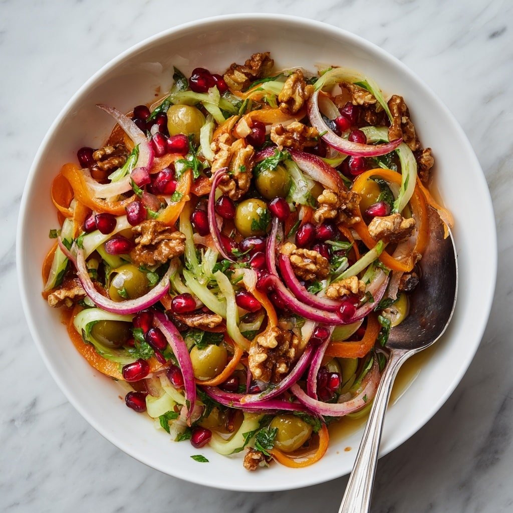 A white bowl holds a colorful salad with many layers. The bottom layer shows green olives with a smooth surface. Above them are thin slices of red onion rings mixed with small strips of orange carrot and green herbs scattered throughout. Bright red pomegranate seeds are spread on top, adding a shiny, juicy texture. Brown walnut pieces are mixed through the salad, giving a rough texture. Everything is coated with a glossy dressing that makes the whole salad look shiny and fresh. The bowl is set on a white marbled surface, and a silver spoon rests inside the bowl at the right side. Photo taken with an iphone --ar 1:1 --v 7 - Olive and Pomegranate Walnut Salad, healthy fruit and nut salad, easy Mediterranean salad, vibrant green salad with pomegranates, quick vegetarian side dish