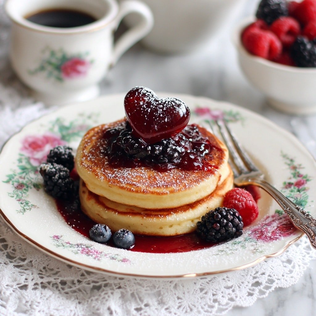 A white plate with a vintage floral design holds two golden brown pancakes stacked in the center. On top of the pancakes is a pool of dark red syrup, scattered with fresh blackberries and blueberries. Sitting at the very top is a shiny, heart-shaped red jelly or gelatin piece dusted lightly with powdered sugar. Around the plate are a few fresh raspberries and blackberries, with a silver fork placed on the right side of the plate. The plate rests on a white lace cloth on top of a white marbled textured surface. In the blurred background, there is a white bowl filled with red berries and a dark cup. Photo taken with an iphone --ar 1:1 --v 7 - Heart-Shaped Pancakes with Berry Syrup, easy heart-shaped pancake recipe, breakfast ideas with berries, romantic breakfast recipes, special occasion pancakes