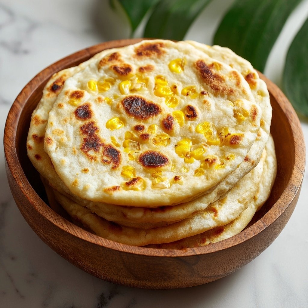 A stack of five golden brown corn pancakes is placed on a round white plate sitting on a white marbled surface. The corn pancakes have a slightly crispy texture with visible yellow corn kernels and small green herb pieces scattered throughout. The top pancake shows a nice browned pattern with some areas darker than others. Fresh chopped green herbs are sprinkled on top and around the edges of the stack, adding a touch of color. A sprig of green parsley rests near the edge of the plate next to the pancakes. Photo taken with an iphone --ar 1:1 --v 7 - Venezuelan Sweet Corn Cachapas with Mozzarella, Venezuelan corn pancake recipe, how to make cachapas, Venezuelan street food, cheesy corn pancakes