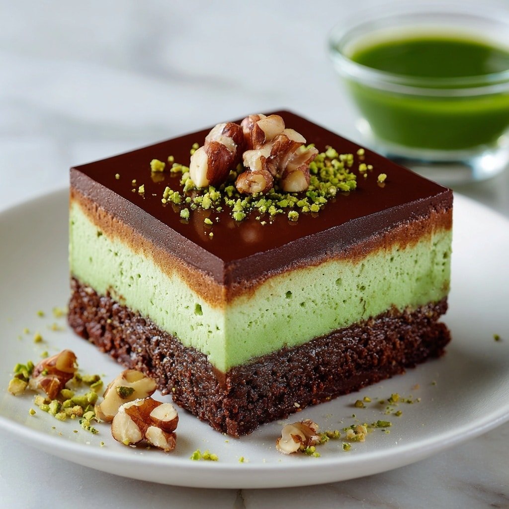A square slice of three-layer cake sits on a white plate over a white marbled surface. The bottom layer is dark brown with a slightly rough texture, the middle layer is bright green and spongy, and the top layer is a smooth, glossy dark brown chocolate coating with gentle swirls. The top is decorated with a sprinkling of small green pistachio pieces and a whole pistachio placed near the center. Crumbs and bits of pistachio are scattered around the plate. Photo taken with an iphone --ar 1:1 --v 7 - Dubai Pistachio Chocolate Brownies, pistachio chocolate brownies with kadaif, Middle Eastern style brownies, fudge pistachio brownies, decadent chocolate pistachio dessert