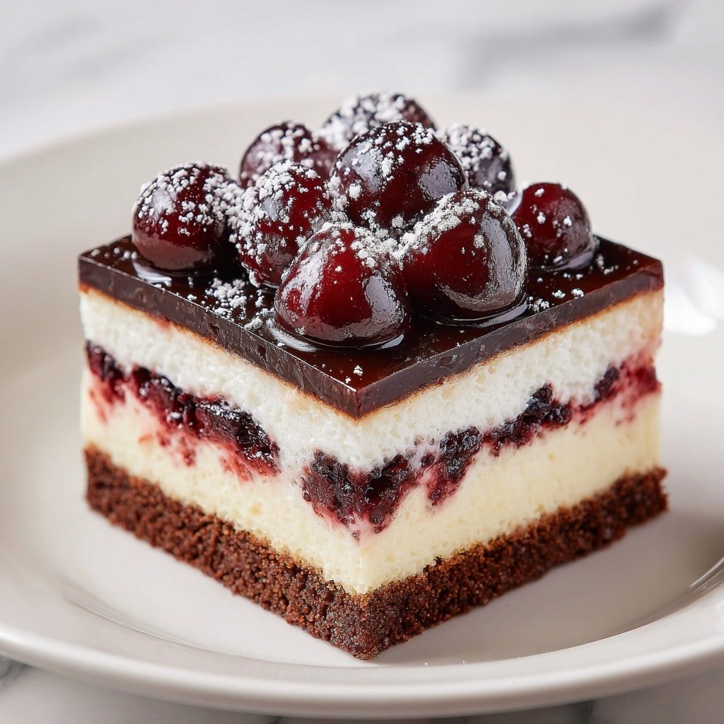 A square dessert with four clear layers sits on a white plate against a white marbled background. The bottom layer is dark brown, textured like moist cake. Above it is a thick smooth white cream layer. On top of that is a shiny, dark chocolate layer with a soft, gel-like look and small dark spots. The top layer is a glossy dark red cherry topping with whole cherries, some cut in halves, covered in a syrup and sprinkled lightly with white powder. Photo taken with an iphone --ar 1:1 --v 7 - Cherry Chocolate Cheesecake Brownies, chocolate brownie dessert, cherry cheesecake bars, fudgy chocolate brownies, fruit-filled brownie recipes