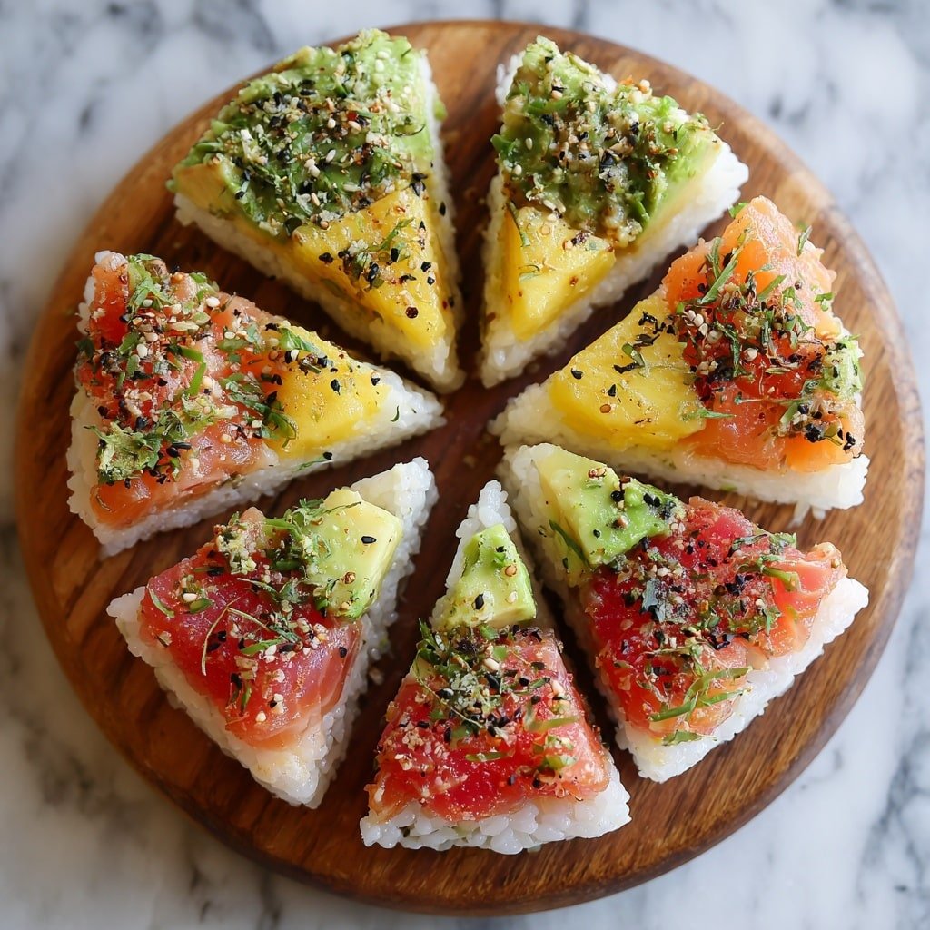 A round sushi cake is sliced into eight pieces on a wooden board over a white marbled surface. Each slice has three clear layers: a bottom layer of white sushi rice, a middle layer with thick slices of bright orange salmon or yellow pineapple, and a top layer of thin avocado slices with green seasoning and small bits of red sauce drizzled over. The cake is garnished with chopped herbs sprinkled on top and small cubes of yellow pineapple placed on some slices. The texture of the rice looks sticky and smooth, while the avocado is creamy and glossy. The photo taken with an iphone --ar 1:1 --v 7 - Baked Salmon Sushi Bake, sushi-inspired casserole, easy salmon sushi bake, baked salmon and rice dish, seafood sushi bake