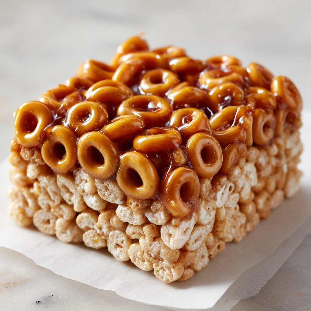 The image shows a square cereal treat made of two visible layers. The bottom layer is a dense mix of crispy, light brown rice cereal pieces tightly packed together, with a matte texture. The top layer consists of shiny golden honey-flavored ring cereal pieces coated in a sticky glaze, sitting closely and evenly on the rice cereal base. The treat rests on two white napkins placed on a white marbled surface. The overall look is neat and compact with a warm golden and beige color mix. photo taken with an iphone --ar 1:1 --v 7 - Peanut Butter Cheerios Bars, no-bake cereal bars, homemade energy bars, quick snack recipes, easy peanut butter snacks