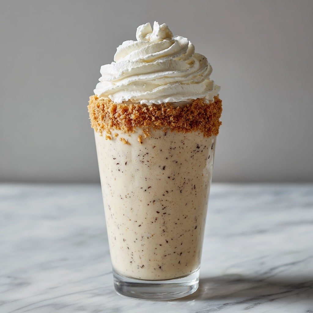 The image shows a tall, clear glass filled with a creamy, beige milkshake that has small dark specks throughout, suggesting blended ingredients. On top, there is a thick layer of white whipped cream swirled in a circular pattern, creating a soft, fluffy texture. Around the rim of the glass, there is a ring of crumbly, golden-brown cookie or graham cracker crumbs that add a crunchy look. The glass sits on a white marbled surface with a light gray background, giving the drink a clean and simple presentation. photo taken with an iphone --ar 1:1 --v 7 - Liquid Butterfinger Cocktail, Butterfinger cocktail recipe, creamy candy bar drinks, easy dessert cocktails, sweet liquor recipes