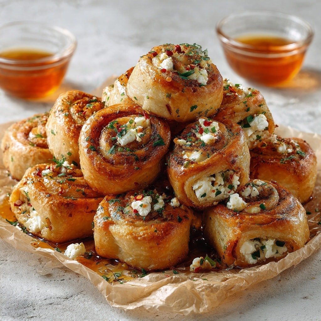 The image shows eight golden-brown fried rolls arranged close together on crinkled parchment paper, with creamy white filling visible inside each roll. The rolls have a crispy, flaky texture and are topped with small crumbs of white cheese and green herb leaves. A drizzle of shiny amber honey or syrup runs over the rolls, pooling slightly on the parchment paper. In the background to the left, there is a clear glass cup filled with the same amber liquid. The close-up shot captures the glossy, textured surface of the rolls and the fresh, vibrant look of the herbs on a white marbled surface. photo taken with an iphone --ar 1:1 --v 7 - Oven-Fried Feta Rolls with Chili Honey, Feta Cheese Appetizer, Crispy Feta Phyllo Bites, Spicy Honey Snack, Easy Baked Feta Appetizer