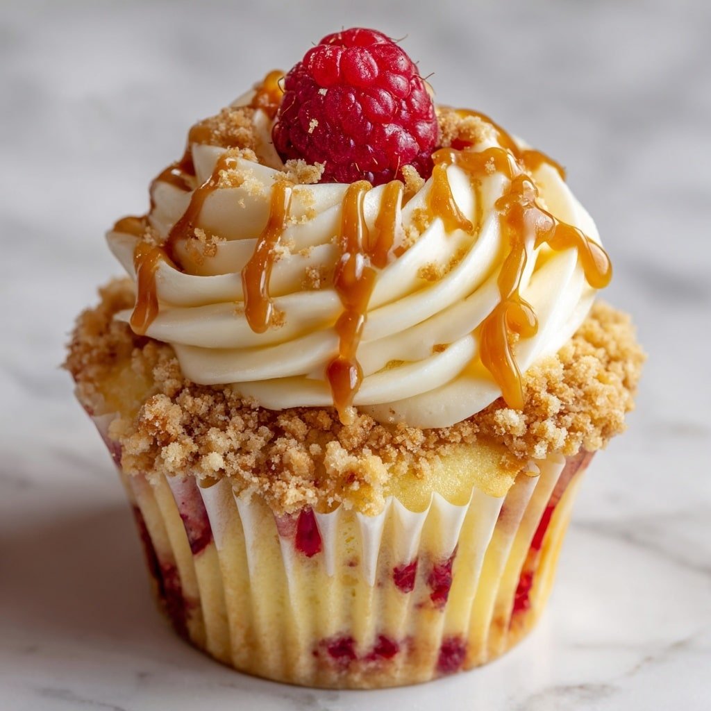 A close-up of a cupcake with three main layers: the bottom layer is a light yellow cake with deep red raspberry pieces mixed in, the middle layer is a crumbly golden brown topping around the edge, and the top layer is a thick swirl of creamy white frosting with light caramel sauce drizzled on it. On the very top center sits a bright red raspberry. The cupcake is in a white paper liner and is placed on a white marbled surface. photo taken with an iphone --ar 1:1 --v 7 - Raspberry Lemon Angel Food Cupcakes, light lemon raspberry cupcakes, easy angel food cake desserts, spring dessert recipes, refreshing fruit cupcakes