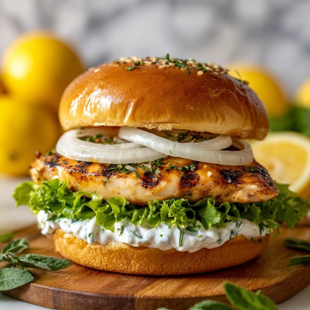 A close-up view of a grilled chicken sandwich shows five clear layers stacked neatly. The bottom layer is a golden brown bun with a soft texture. Above it, there is a thick spread of white sauce with green herb pieces mixed in. The next layer is bright green leafy lettuce with a fresh, ruffled texture. On top of the lettuce sits a grilled chicken fillet with clear char marks and a golden-brown color, sprinkled with green herbs. Above the chicken, thin, pale purple onion rings add a delicate contrast. All layers are held together by a shiny, golden-brown sesame seed bun sprinkled with green herbs. The sandwich is placed on a wooden board, with a few green herb leaves scattered around, and the background shows a white marbled surface with blurred yellow lemons. Photo taken with an iphone --ar 1:1 --v 7 - Healthy Chicken Burgers, healthy chicken burger recipe, nutritious chicken burger ideas, light chicken burger meal, homemade healthy chicken burgers