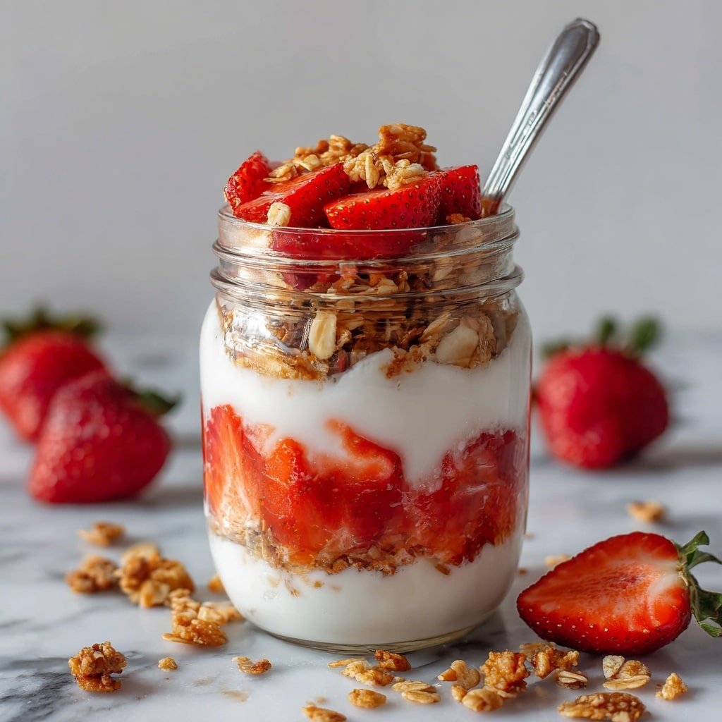 A clear glass jar with three visible layers is filled with a dessert on a white marbled surface. The bottom layer is white yogurt, smooth and creamy. The middle layer shows a mix of bright red sliced strawberries and light brown granola pieces. The top layer consists of white yogurt again, topped with several whole and sliced strawberries and scattered granola. A silver spoon is placed inside the jar, leaning against the side. Several fresh strawberries are blurred in the background. photo taken with an iphone --ar 1:1 --v 7 - Easy Strawberry Yogurt Parfaits, healthy fruit parfaits, quick breakfast ideas, layered yogurt desserts, nutritious fruit parfaits