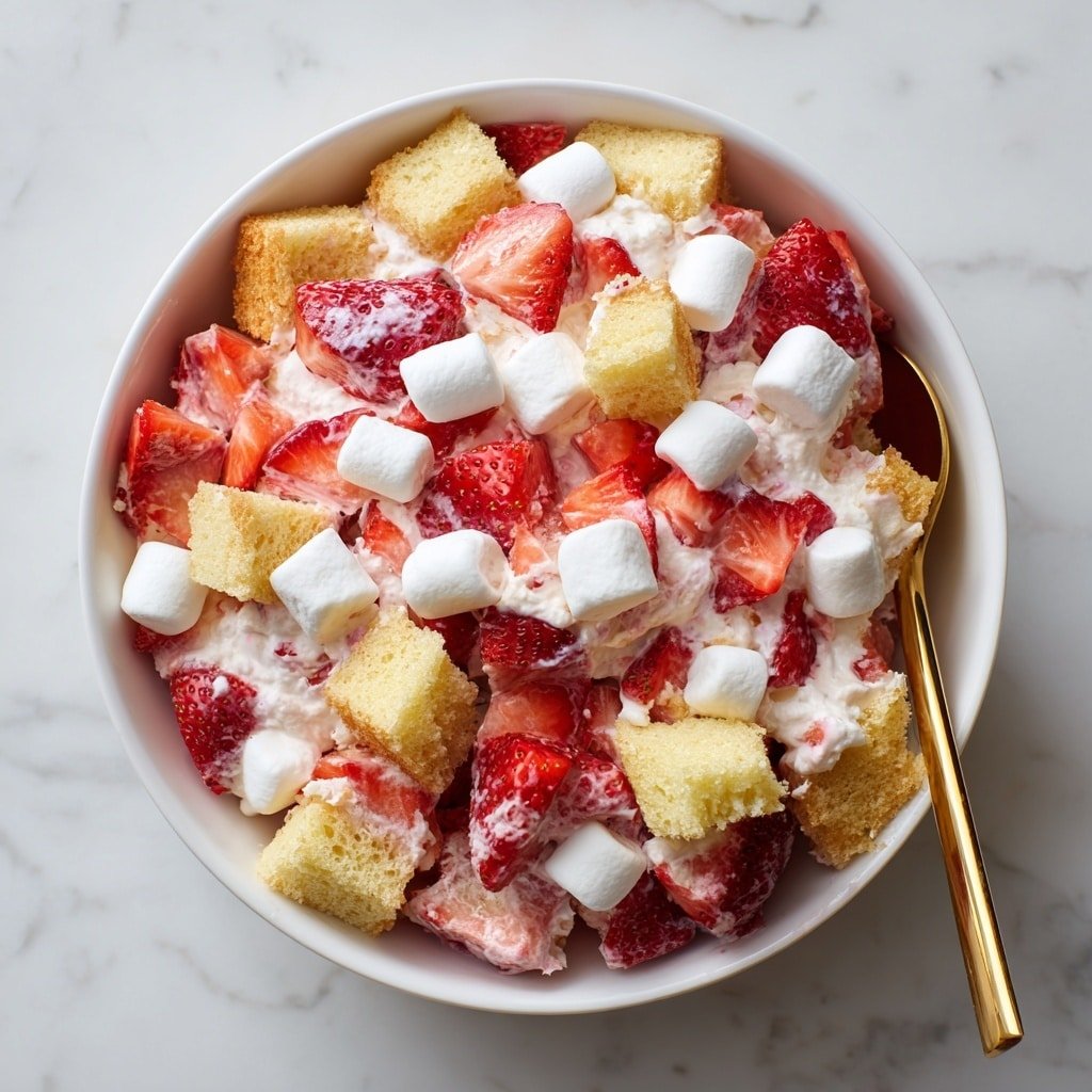 A white bowl filled with a mix of three main layers: the base layer has small cubes of light yellow sponge cake, the middle layer shows bright red strawberry pieces with seeds visible, and the top layer consists of white mini marshmallows scattered evenly. All the ingredients are lightly coated in a creamy, thick white whipped topping, lightly tinged pink from the strawberries. The bowl sits on a white marbled surface with soft natural light highlighting the textures and colors. A gold spoon is placed in the bowl, partially visible on the right side. photo taken with an iphone --ar 1:1 --v 7 - Strawberry Shortcake Fluff Salad, no-bake strawberry dessert, easy fruit salad recipe, creamy strawberry fluff, simple summer dessert
