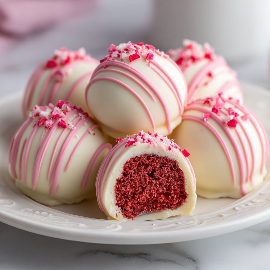 A group of six round desserts sit closely together on a white plate with small embossed decorations around the edge. Each dessert has a smooth outer layer of white chocolate coating. Pink lines of drizzle are applied in thin, even stripes around the top half of each ball, with some crushed pink and white pieces sprinkled on top to add texture. One dessert in the front is partially cut open, showing a dense, evenly textured red interior cake layer surrounded by the white outer shell. The plate sits on a white marbled surface with soft, out-of-focus background colors. Photo taken with an iphone --ar 1:1 --v 7 - Strawberry Cheesecake Truffle Bites, strawberry dessert bites, no-bake cheesecake treats, chocolate strawberry truffles, easy holiday dessert