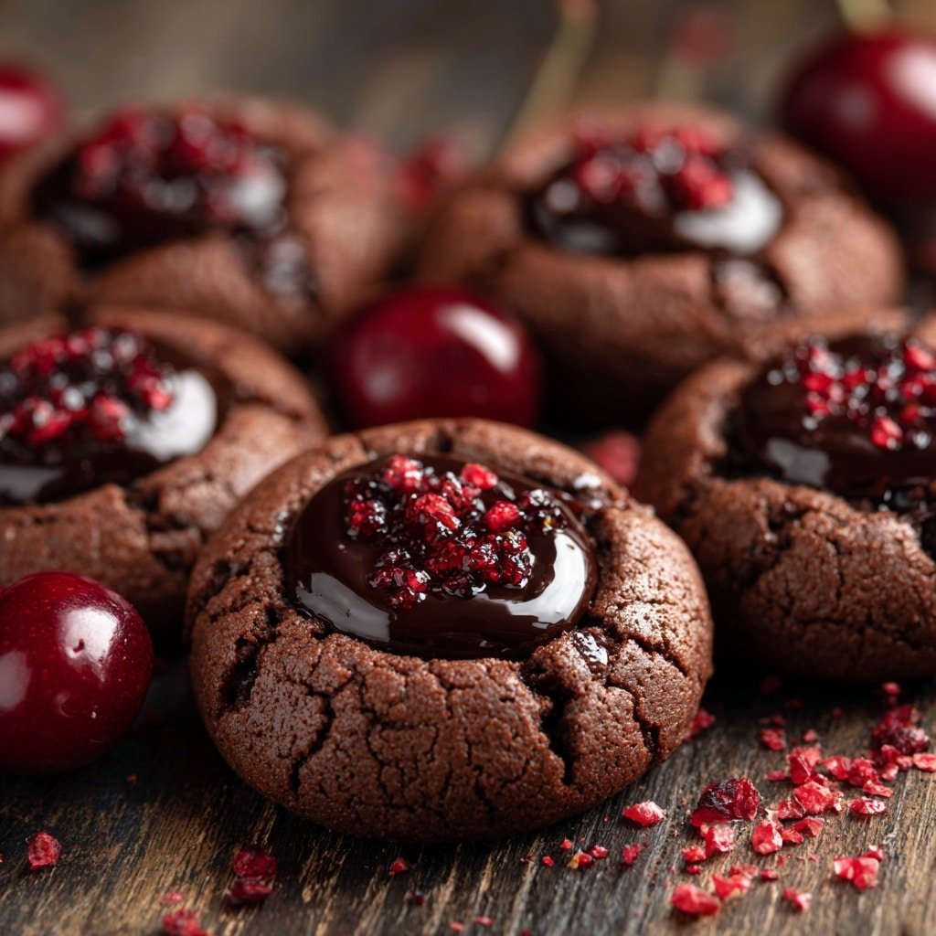 The image shows several round chocolate cookies with a deep brown color and a cracked texture on top, each filled in the center with a glossy, thick dark chocolate sauce mixed with small red berry pieces. The cookies are placed directly on a rustic wooden surface, scattered with whole fresh cherries and some crushed red berry bits around them, adding vibrant red accents that contrast with the dark cookies. photo taken with an iphone --ar 1:1 --v 7 - Chocolate Cherry Cookies, Cherry Chocolate Cookies, Easy Cherry Cookies, Fudgy Cherry Cookies, Cherry Chocolate Dessert