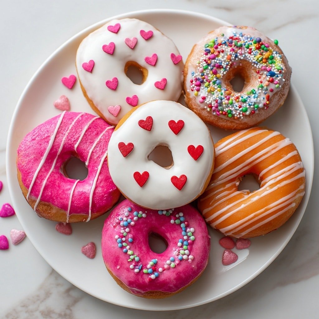 A white plate holds seven donuts arranged closely together, each with a thick glaze layer in colors like white and bright pink. The donut in the center has white glaze topped with five small red heart shapes. To the left, a donut has white glaze with several small pink heart shapes, and another has white glaze with pink lines crossing it and pink heart-shaped sprinkles on the bottom half. A donut with bright pink glaze is decorated with tiny multicolored stick sprinkles, while another has white glaze covered with small pink, green, and white ball sprinkles arranged in a ring near the hole. A donut with white glaze has orange zigzag lines on top. Another bright pink glazed donut has scattered white, blue, and gray stick and heart sprinkles on it. Small heart-shaped sprinkles in pink and red colors are scattered around the plate on the white marbled surface. photo taken with an iphone --ar 1:1 --v 7 - Valentine’s Day Air Fryer Biscuit Donuts, easy Valentine's Day dessert, air fryer donut recipe, quick Valentine’s treats, homemade donut ideas