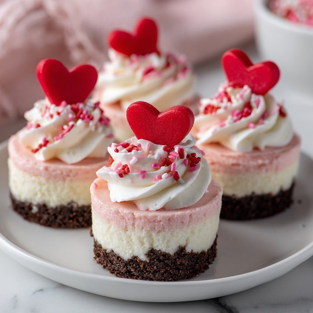 The image shows small cupcake-shaped cheesecakes arranged on a white plate set on a white marbled surface. Each cheesecake has three visible layers: a dark crumbly base, a thick creamy pale yellow middle layer, and a small swirl of white whipped cream on top. Pink sprinkles are scattered around and on the cheesecakes, adding texture and color. Each cheesecake is crowned with a red, sugar-coated heart-shaped candy standing upright in the whipped cream. The overall look is bright, festive, and inviting, with soft lighting highlighting the smooth textures and vibrant decorations photo taken with an iphone --ar 1:1 --v 7 - Mini Valentine's Cheesecakes, Valentine’s Day desserts, bite-sized cheesecakes, easy cheesecakes for Valentine’s, festive cheesecake treats