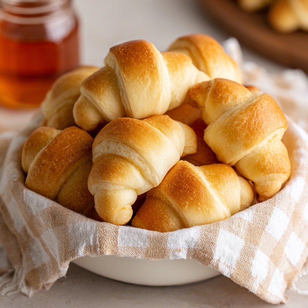A white bowl is filled with about a dozen golden brown crescent rolls, each roll showing soft layers and a smooth texture. The crescent rolls have a light golden top with curled edges and a slightly lighter, soft underside. A beige and white checkered cloth is partially wrapped around the bowl's bottom edge, adding a cozy touch. In the blurry background, there is a jar with amber liquid and a white marbled surface under the bowl photo taken with an iphone --ar 1:1 --v 7 - Homemade Crescent Rolls, flaky crescent roll recipe, buttery bread rolls, easy crescent roll dough, soft dinner rolls