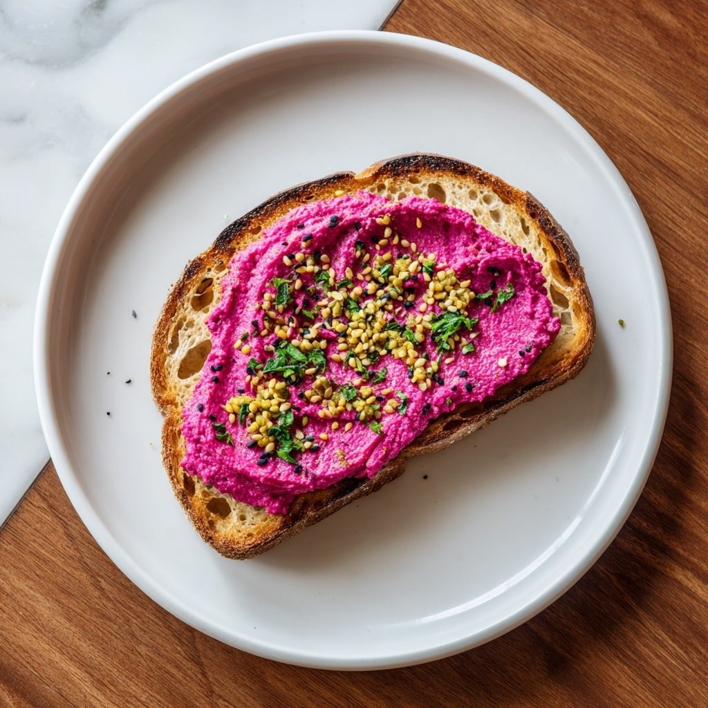 A single slice of toasted bread with a golden-brown crust and light, airy inside sits centered on a white plate. The bread is layered with a thick spread of bright magenta beet hummus, unevenly spread so that it forms soft peaks and swirls on top. Scattered across the hummus are small mustard yellow seeds, black sesame seeds, and chopped fresh green herbs, adding texture and color contrast. The plate rests on a warm wooden surface but all other visible backgrounds have a white marbled texture. The photo taken with an iphone --ar 1:1 --v 7 - Pink Beet Hummus Toast, beet hummus recipe, vibrant healthy breakfast, colorful toast ideas, easy beet hummus spread