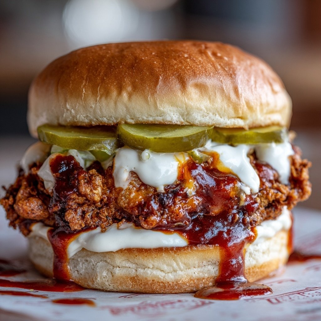 This image shows a close-up of a crispy fried chicken sandwich on a white bun. The sandwich has two layers of crunchy fried chicken coated in a shiny, sticky reddish sauce. On top of the chicken are several green pickle slices with a shiny, wet texture. There is a thick white creamy sauce drizzled over the chicken and pickles, mixing with the red sauce and dripping down the sides of the bottom bun. The sandwich sits on white paper on a white marbled surface. The photo is taken with an iphone --ar 1:1 --v 7 - Spicy Nashville Chicken Sandwich, Nashville chicken sandwich, spicy fried chicken sandwich, crispy chicken sandwich, spicy chicken sandwich recipe