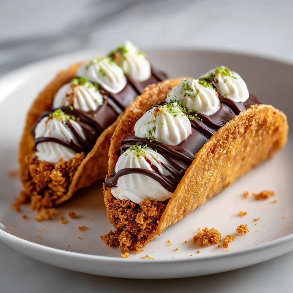 The image shows three waffle taco shells arranged side by side on a wooden board, each filled with a rich, thick layer of dark chocolate cream. The chocolate filling is smooth and swirled inside the waffle shells. On top of the chocolate, there are drizzles of glossy dark chocolate sauce running diagonally along each taco shell. Small crumbly pieces of light tan and white toppings are scattered over the chocolate drizzle, adding texture. The background has a soft white marbled texture, making the dessert stand out. photo taken with an iphone --ar 1:1 --v 7 - Homemade Choco Tacos, chocolate taco recipe, how to make choco tacos at home, crispy waffle shell with ice cream, homemade ice cream dessert