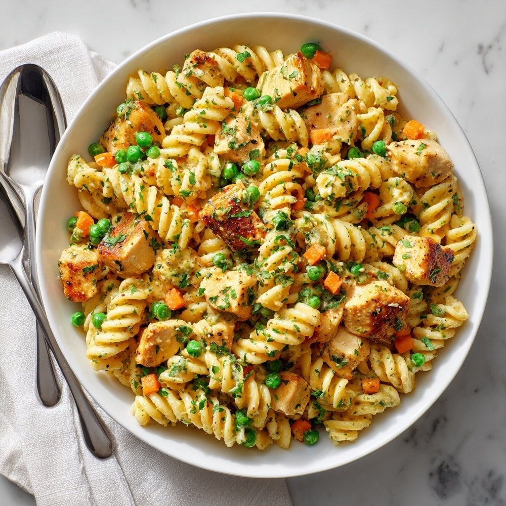 The image shows a white bowl filled with creamy pasta made of spiral noodles covered in a light yellow sauce. Mixed within the pasta are many small pieces of cooked chicken with golden brown edges, bright green peas, and small orange carrot cubes. The dish is sprinkled with finely chopped green herbs, giving it a fresh look. The bowl sits on a white marbled surface with a white cloth and two metal spoons placed nearby. photo taken with an iphone --ar 1:1 --v 7 - Creamy Chicken Pasta Bake, Chicken Pasta Bake, Comforting Pasta Casserole, Easy Chicken Pasta Recipe, Hearty Pasta Dinner