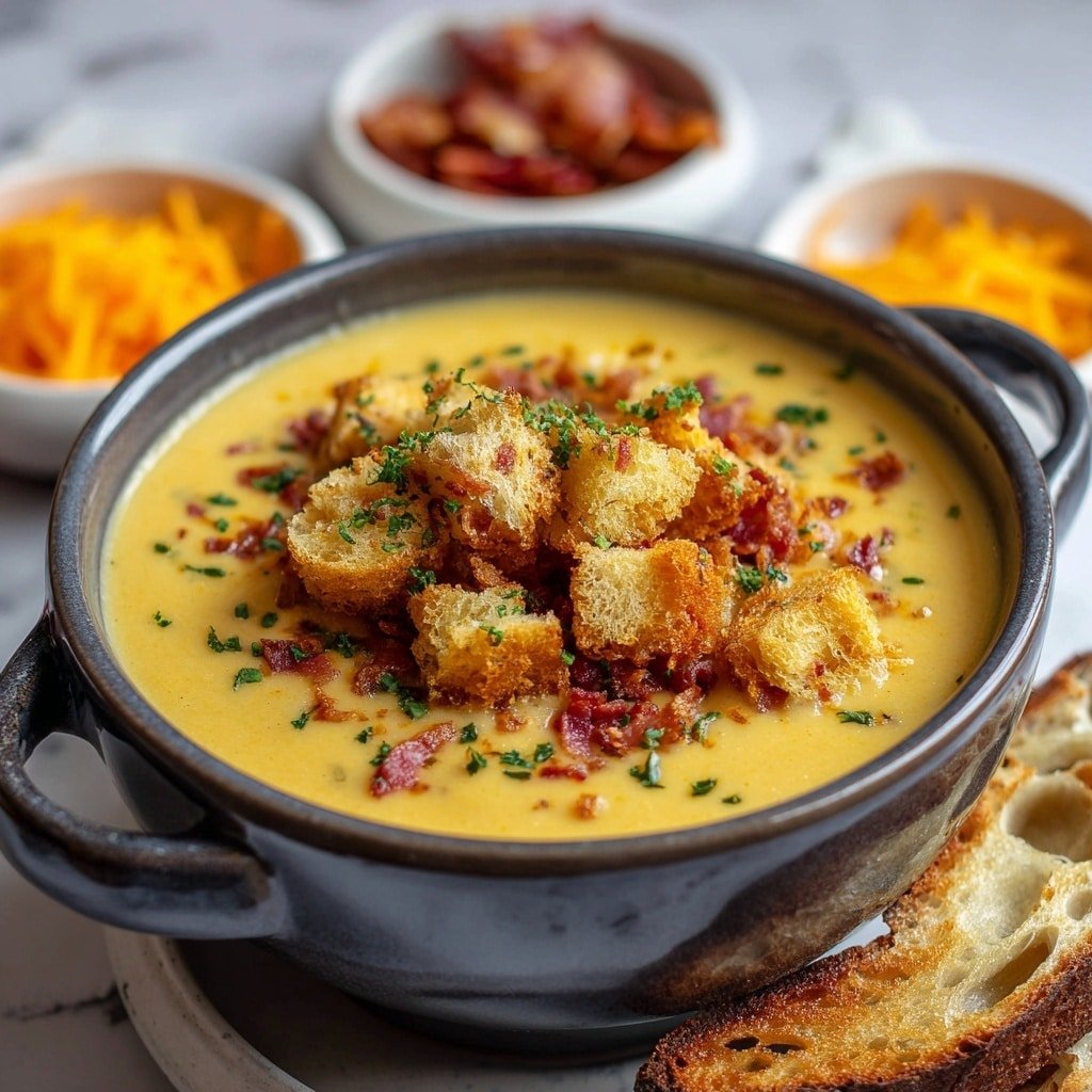 A beige ceramic bowl filled with creamy yellow soup, showing chunks of light yellow potato pieces mixed within. On top, there are small pieces of crispy reddish-brown bacon scattered, along with thin strands of orange cheese and green parsley bits evenly spread as garnish. The bowl is placed on a wooden board over a white marbled surface with a folded cloth nearby. In the background, a small bowl holds shredded orange cheese, and a silver spoon is partially visible. Photo taken with an iphone --ar 1:1 --v 7 - Outback Beef Potato Soup, hearty beef potato soup, creamy beef potato soup recipe, comforting beef potato soup, easy beef potato soup