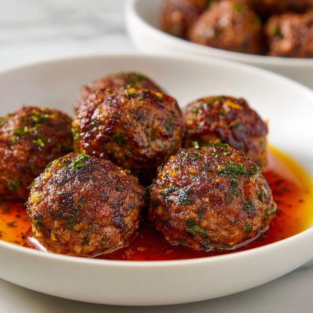 The image shows a close-up of a bowl filled with seven round, browned meatballs. Each meatball has a slightly crispy, textured surface with small bits of herbs and onion visible throughout, giving them a speckled look with green and orange tones. The meatballs sit closely together in a shallow pool of light reddish sauce inside a white bowl. The bowl is placed on a white marbled surface, and the background softly blurs another bowl with more meatballs in it. The lighting highlights the glossy and slightly oily texture of the meatballs, making them look juicy and well-cooked. photo taken with an iphone --ar 1:1 --v 7 - Pumpkin Turkey Meatballs, healthy turkey meatballs with pumpkin, easy pumpkin meatball recipe, moist turkey meatballs with pumpkin, comforting fall meatballs