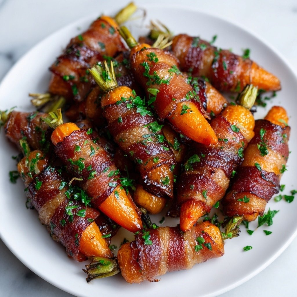 The dish shows a white plate filled with small orange carrots wrapped tightly with shiny, crispy bacon strips, each with the carrot top partially visible in green. The bacon appears caramelized and glistening from cooking, giving a rich brown color with slight darker char marks. Fresh chopped green herbs are sprinkled evenly over the carrots, adding a touch of color contrast. The carrots and bacon are packed closely together, arranged in overlapping layers. The whole scene is set against a white marbled surface. photo taken with an iphone --ar 1:1 --v 7 - Bacon-Wrapped Carrots with Maple Glaze, sweet glazed bacon carrots, holiday vegetable sides, easy bacon-wrapped veggie, maple-glazed roasted carrots