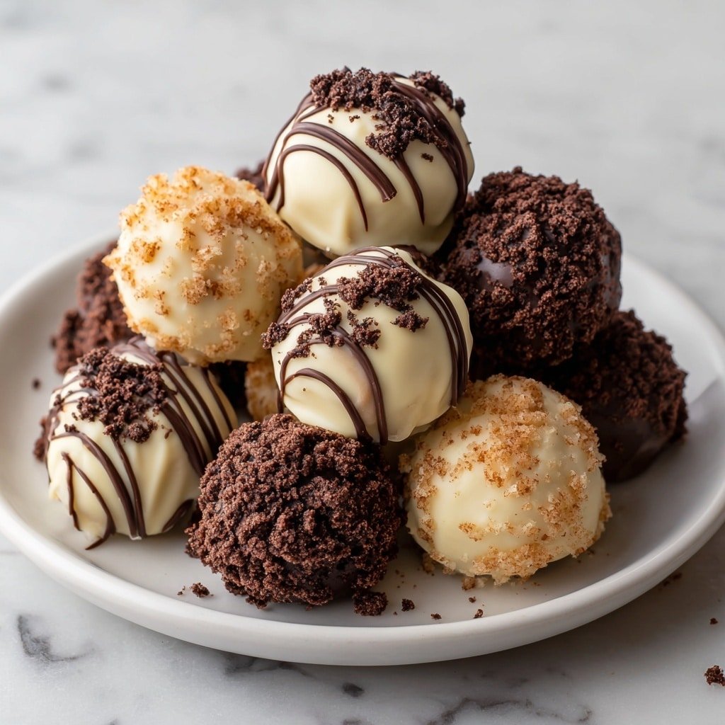 A white round plate holds a mix of dark chocolate and white chocolate truffles. The truffles are round and have three main designs: dark chocolate coated with dark crumbles on top, white chocolate coated with dark crumbles on top, and white chocolate drizzled with thin dark chocolate lines. The truffles are stacked closely, creating a textured look with smooth and crumbly surfaces. The plate sits on a white marbled surface with some dark chocolate crumbs scattered around. The photo taken with an iphone --ar 1:1 --v 7 - No-Bake Oreo Balls, Oreo Dessert, No-Bake Treats, Easy Oreo Balls, No-Bake Chocolate Cookies