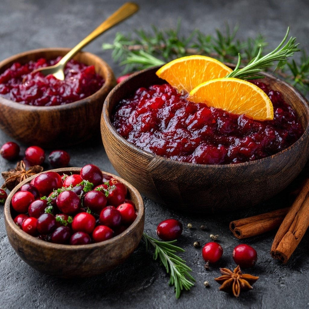 A large round wooden bowl filled with thick, chunky deep red cranberry sauce topped with two bright orange slices and a small sprig of green rosemary, with a golden spoon scooping some sauce on the left side of the bowl. Near it, a smaller wooden bowl holds the same chunky cranberry sauce sprinkled with small greenish herbs, while another small wooden bowl is filled with fresh whole cranberries, all placed on a dark grey surface. Around the bowls, scattered whole cranberries, two cinnamon sticks, a star anise, and a sprig of rosemary add extra color and texture. Photo taken with an iphone --ar 1:1 --v 7 - Joanna Gaines Orange Cranberry Sauce, holiday cranberry sauce, citrus cranberry recipe, festive cranberry side dish, easy holiday sauce