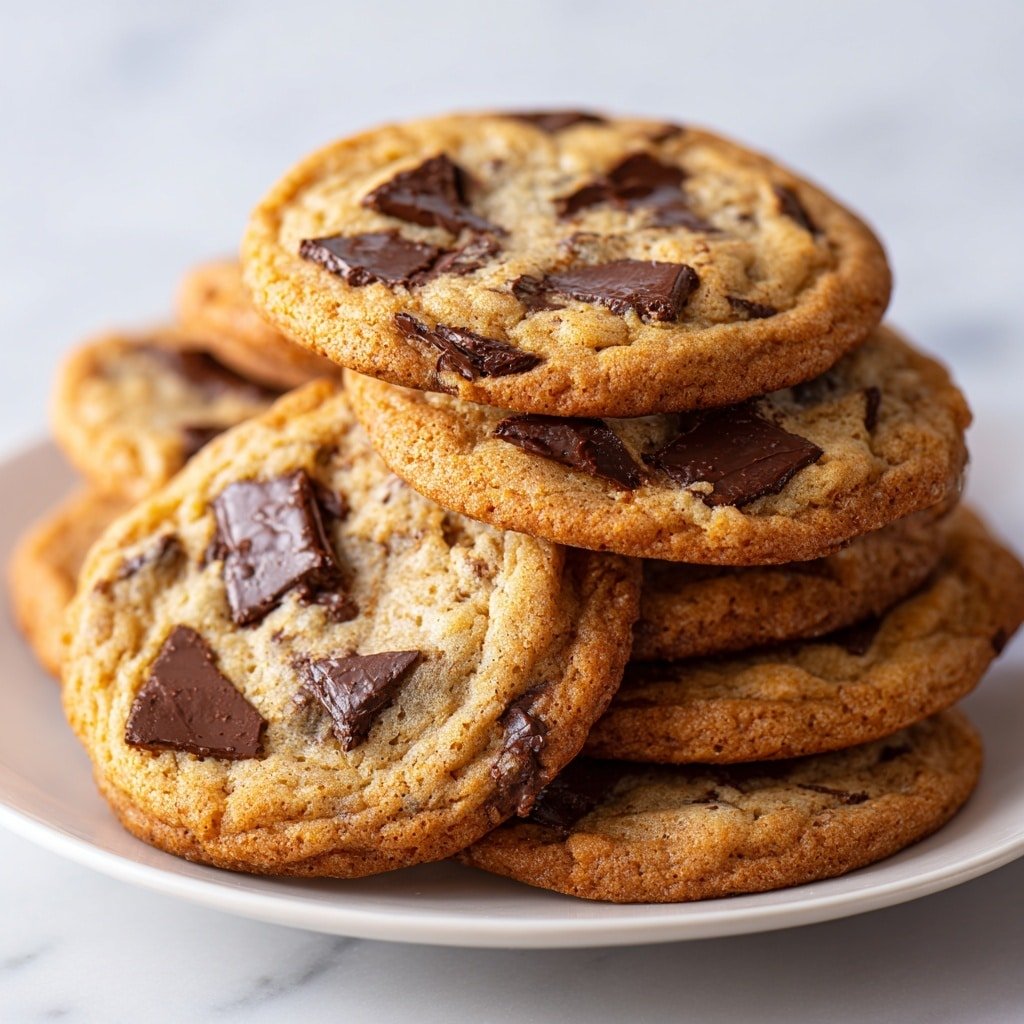 A stack of golden-brown chocolate chip cookies is shown on a white plate, each cookie having a slightly rough texture with melted dark chocolate chips spread unevenly on the surface and inside. The cookies look thick and soft, with some chips melted and shiny, and others still holding their shape. The plate rests on a white marbled surface, with a close-up view focusing on the top cookie and several cookies visible stacked below it. photo taken with an iphone --ar 1:1 --v 7 - Bakery-Style Chewy Chocolate Chip Cookies, chewy chocolate chip cookies, soft chocolate chip cookies, homemade cookie recipe, best chocolate chip cookies