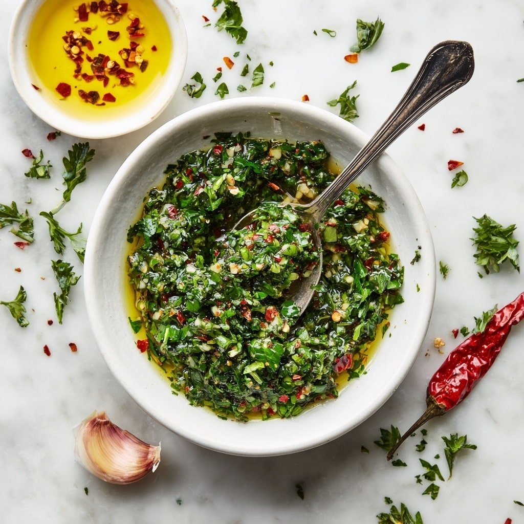 A clear glass jar filled with a green and red chopped herb sauce, showing layers of finely chopped green herbs mixed with small red chili flakes and a top bright yellow layer of oil. A silver spoon is dipped into the jar, lifting a portion of the sauce, which looks oily and fresh with visible textures of herbs and spices. Around the jar, a few garlic cloves and small bowls with extra chili flakes and more green herb sauce are placed on a white marbled surface. Photo taken with an iphone --ar 1:1 --v 7 - Easy Chimichurri Sauce, Chimichurri sauce recipe, homemade chimichurri, grilled meat sauce, quick herb sauce