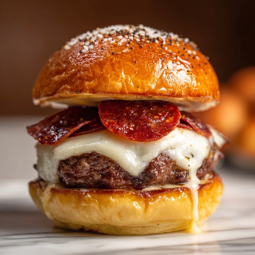 A close-up of a stacked burger with five layers, starting at the bottom with a soft white bun lightly toasted, topped with a layer of bright red tomato sauce spread evenly. Above the sauce is a small layer of fresh green arugula leaves peeking out. On top of that sits a thick, textured brown grilled beef patty. Melted white cheese covers the patty, dripping slightly over the edges with some grilled spots. The fourth layer is several wavy slices of shiny, reddish-brown pepperoni placed side by side. The top layer is a glossy, golden brown sesame seed bun that looks soft and slightly toasted. The burger is on a white marbled surface with a wooden board partially visible. photo taken with an iphone --ar 1:1 --v 7 - Pizza Burger, pizza burger recipe, easy pizza burger ideas, cheesy burger pizza, homemade pizza burger