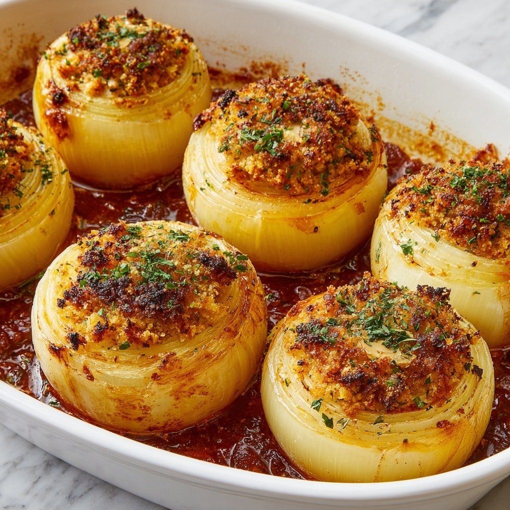 The image shows seven large onions, each hollowed and filled with a golden brown stuffed mix, slightly crusty on top with green herb sprinkles. The onions are light yellow with tender layers visible, sitting close together in a white baking dish. The base of the dish has a rich reddish-brown sauce that looks thick and flavorful, with caramelized bits around the edges. The overall texture shows a mix of soft, baked onion layers and the crispy, crumbly topping on each onion. The photo is set on a white marbled surface. photo taken with an iphone --ar 1:1 --v 7 - Greek Stuffed Onions, Greek Stuffed Onions recipe, savory stuffed onions, baked stuffed onions, Greek onion dishes