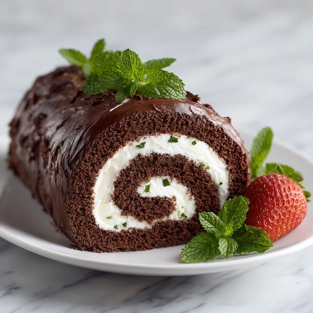 Two chocolate roll cake slices are placed on a long white plate, each slice showing three visible layers: a dark brown, soft cake layer rolled with a thick middle layer of light pink and white cream forming a spiral. The cake slices have a glossy chocolate coating sprinkled with coarse white salt crystals on top. At the back of the plate, there is a whole red strawberry with green leaves. The plate rests on a white marbled surface. photo taken with an iphone --ar 1:1 --v 7 - Vegan Chocolate Swiss Roll, plant-based chocolate cake, vegan dessert ideas, egg-free chocolate Swiss roll, dairy-free dessert